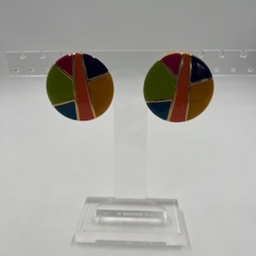 Vintage Style‎ Multi Color Enamel Geometric Round Post Earrings Gold Tone